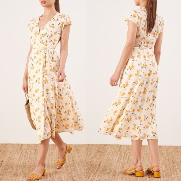 Reformation Carina Wrap Midi Dress in Limonada| Ivory Butter Yellow Floral |SZ M - Picture 1 of 12